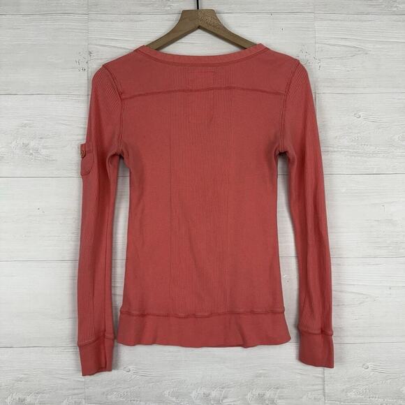 Vintage Old Navy Y2K Henley Top Womens M Coral Pink Ribbed Long Sleeves Cotton - Picture 5 of 12